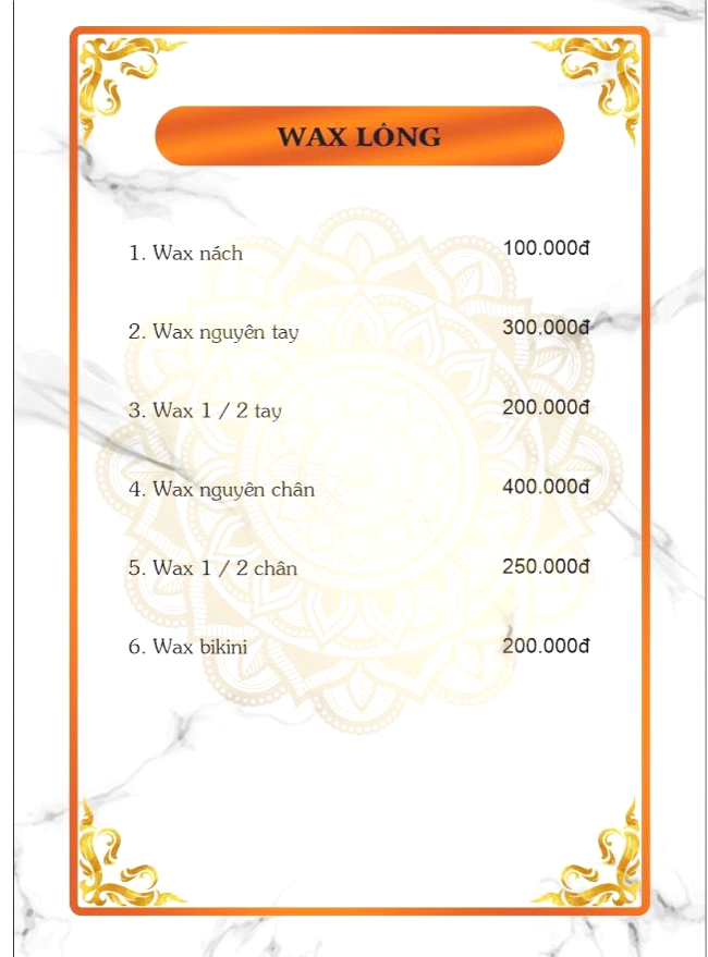  bảng giá dịch vụ Wax Lông, Wax nguyên tay, Wax 1/2 tay, Wax nguyên chân, Wax Bikin